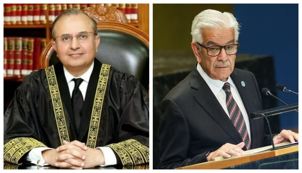 ‘Selective sense of justice’ doesn’t befit your stature, Minister Asif Defence Minister Khawaja Asif (right) and  Senior Puisne Judge Mansoor Ali Shah. — SC website/Reuters/File