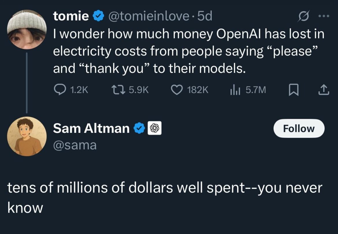 OpenAI CEO says polite prompts like ‘please’ & ‘thank you’ OpenAI CEO says polite prompts like ‘please’ & 'thank you' are costing millions in power