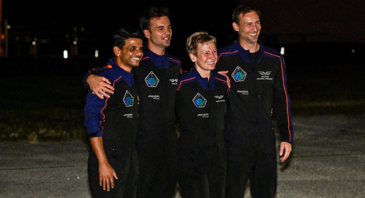 (From left) The Axiom-4 crew, Pilot Shubhanshu Shukla of India, Mission Specialist Tibor Kapu of Hungary, Commander Peggy Whitson of the US, and Mission Specialist Slawosz Uznanski-Wisniewski of Poland, react as they greet their family members before their mission to the International Space Station, in Cape Canaveral, Florida, US, June 24, 2025. — Reuters