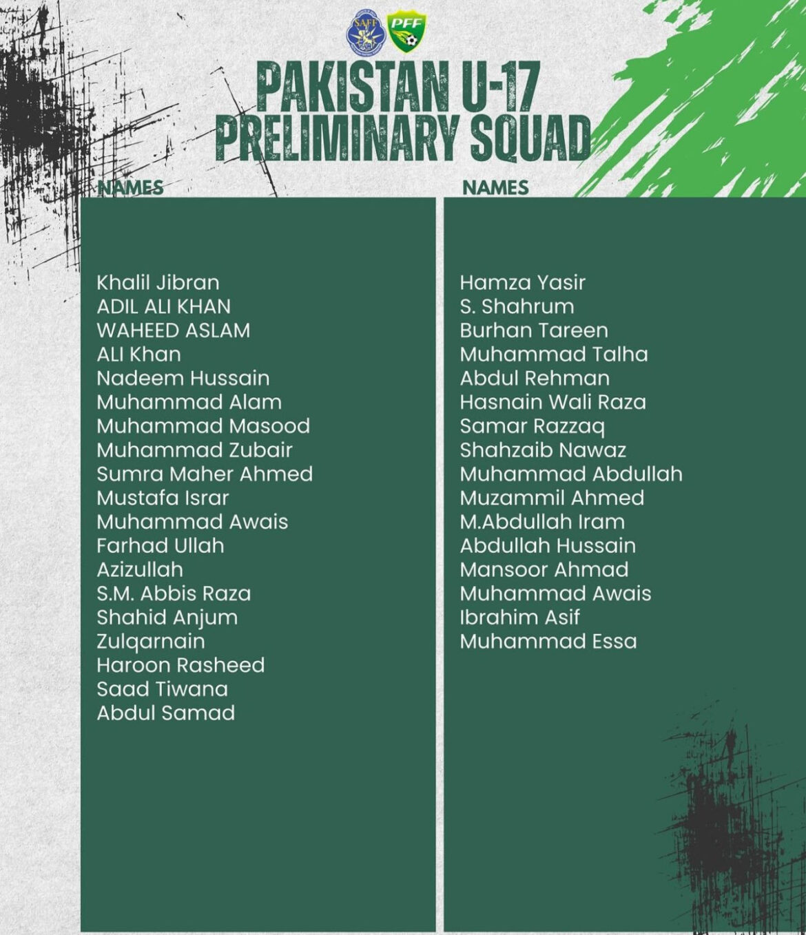 Pakistan names preliminary U-17 squad for SAFF Championship