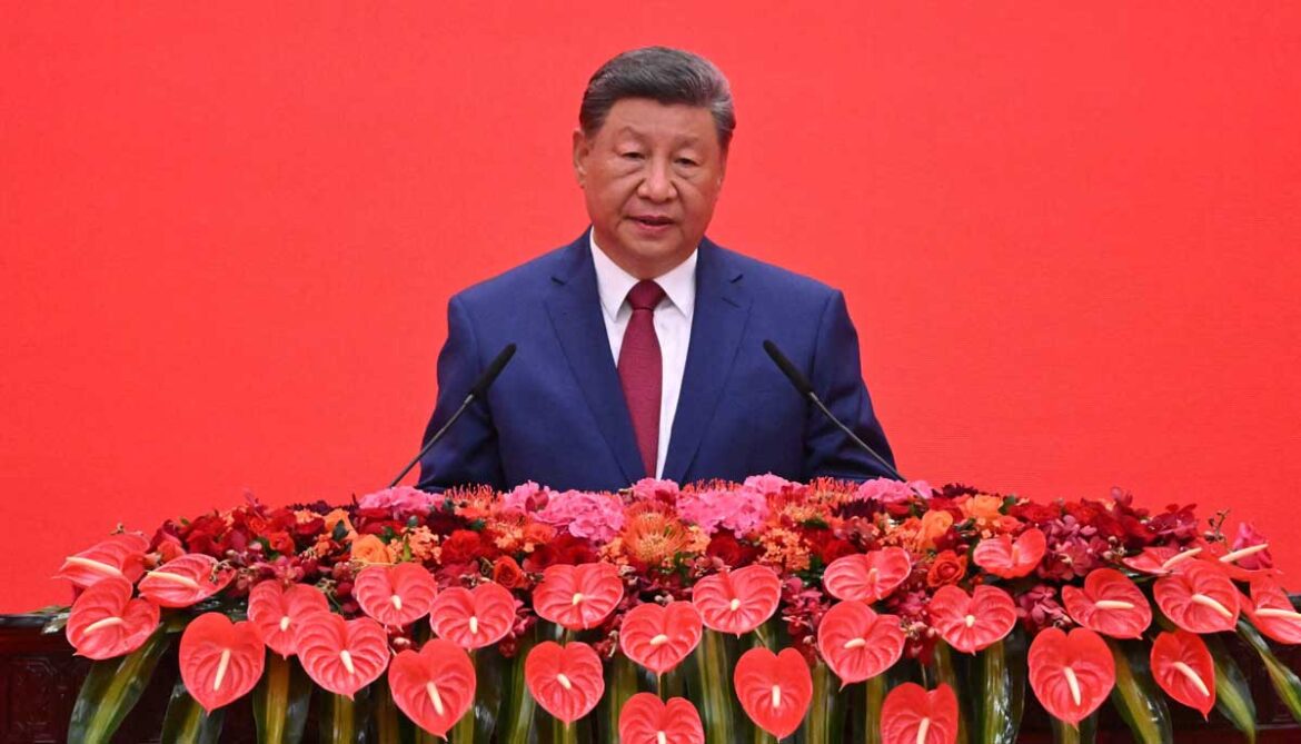 Chinese President Xi Jinping delivers a speech at a reception in the Great Hall of People, following a military parade marking the 80th anniversary of victory over Japan and the end of World War II, in Beijing on September 3, 2025. — AFP
