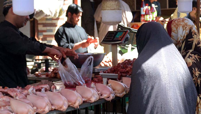 80 kilogrammes of ‘dead chicken meat seized’ in Karachi A woman buys chicken in Quetta, on March 1, 2025. — INP