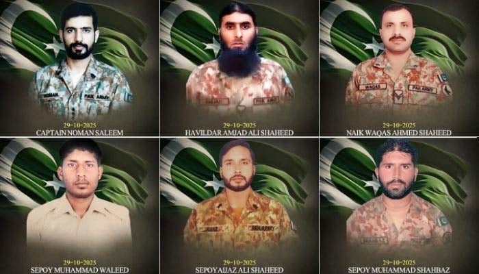 Captain among six soldiers martyred, seven terrorists killed in KP’s This collage (from top left) shows Pakistan Armys Captain Noman Saleem, Havildar Amjad Ali, Naik Waqas Ahmad, Sepoy Muhammad Waleed, Sepoy Aijaz Ali and Sepoy Muhammad Shahbaz, martyred during the Kurram IBO. — ISPR