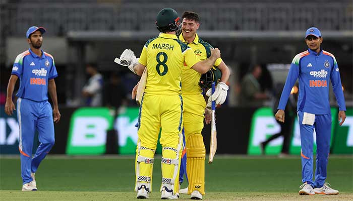 Clinical Australia outclass India by 7 wickets in rain-curtailed Perth Australias Mitchell Marsh and Matthew Renshaw celebrate their victory during the first ODI cricket match between Australia and India in Perth on October 19, 2025. — AFP