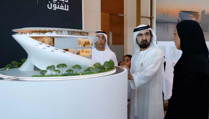 Dubai to launch floating arts museum Sheikh Mohammed bin Rashid Al Maktoum reviews scale model of the Dubai Arts Museum (DUMA). — Dubai government