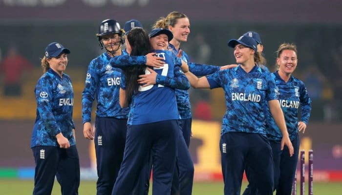 England hold their nerve to clinch semi-final berth after Indian England players celebrate after qualifying for the semi-final of the Womens World Cup 2025 with a four-run win against India at the Holkar Cricket Stadium, Indore, October 19, 2025. — ICC