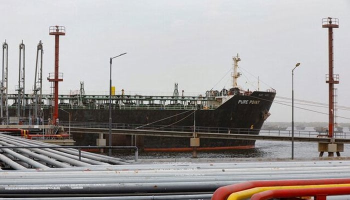 First-ever largest shipment of US crude oil arrives in Pakistan Crew members check the deck of the Russian oil cargo Pure Point, carrying crude oil, anchored at a port in Karachi, Pakistan June 13, 2023. — Reuters