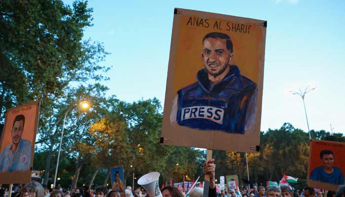 Gaza journalists disappointed over world’s silence protesters display a memorial sign of slain Palestinian Al Jazeera journalist Anas al-Sharif during a demonstration called by Spanish unions in solidarity with Palestinians in Gaza, in Madrid, Spain, October 15, 2025.— Reuters