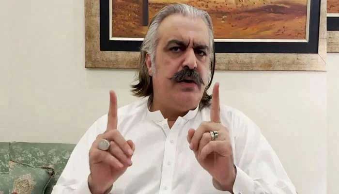 Non-bailable arrest warrant issued for Gandapur in arms, liquor recovery Former KP CM Ali Amin Gandapur gestures during a video link address to PTI workers on September 22, 2024. — Screengrab via Geo News