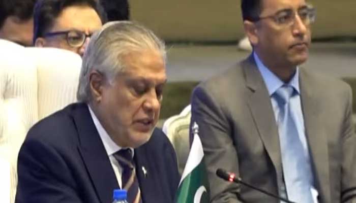 Pakistan natural hub for regional connectivity due to strategic location: DPM and FM Ishaq Dar addresses the Regional Transport Ministers International Conference in Islamabad on October 23, 2025. — Screengrab via Geo News