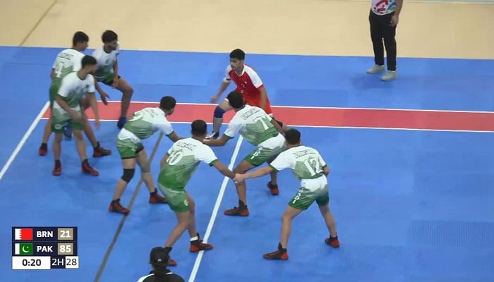 Pakistan off to flying start with twin Kabaddi triumphs at Pakistani kabaddi players in action against hosts Bahrain during their opening match at the Asian Youth Games. — Reporter