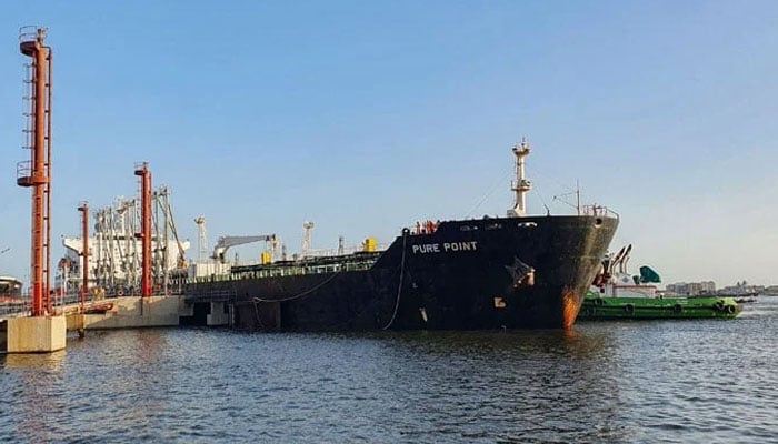 Pakistan receives first-ever shipment of US crude oil following trade A cargo ship carrying crude oil can be seen at the Karachi Port Trust (KPT) in this photograph taken on June 11, 2023. — AFP