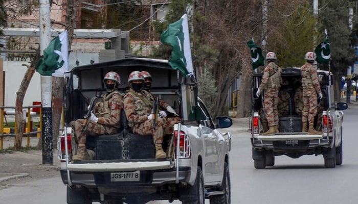 Security forces ‘crush terrorist formation, kill six’ in Dalbandin Security personnel patrol with vehicles on a street in Quetta, Balochistan. — AFP/File