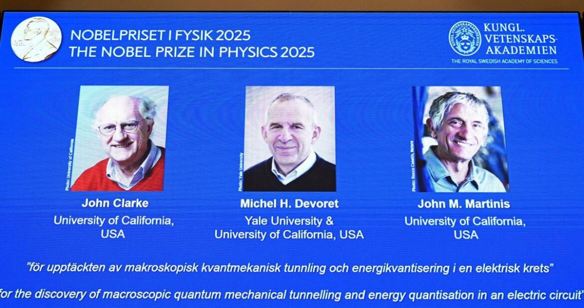 Photos of (LtoR) British physicist John Clarke at the University of California, USA, French physicist Michel H Devoret (University of California and Yale) and US physicist John M Martinis (University of California) are seen on a screen during a press conference on the awarding of the 2025 Nobel Prize in Physics at the Royal Swedish Academy of Sciences in Stockholm, Sweden, on October 7, 2025. PHOTO:AFP