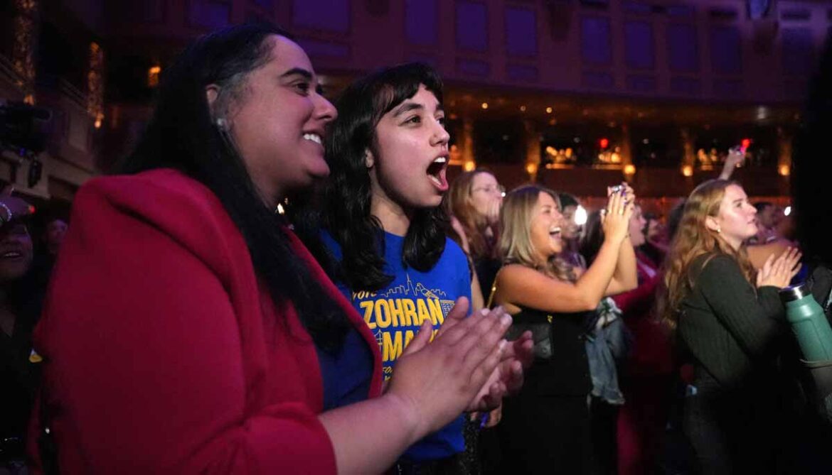 Supporters listen to New York City Mayoral candidate Zohran Mamdani speak during an election night event at the Brooklyn Paramount Theater in Brooklyn, New York on November 4, 2025. — AFP