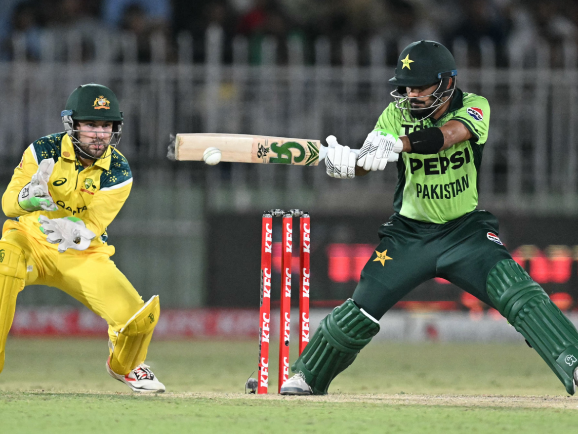 Babar Azam plays a shot during his 94-ball 69, which included four boundaries and a six. Photo: PCB