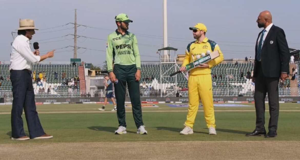 Pakistan captain Shaheen Shah Afridi (centre) and Australias Josh Inglis (right) at the toss for their first ODI at the Rawalpindi Cricket Stadium in Rawalpindi on May 30, 2026. — PCB