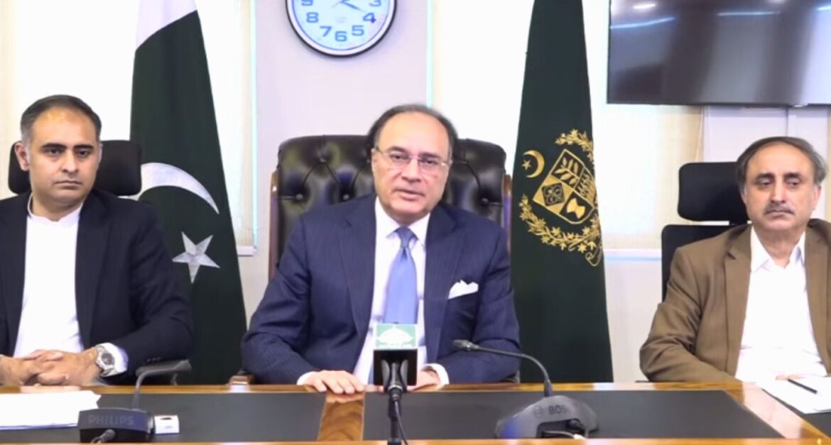 Finance Minister Muhammad Aurangzeb (centre) speaks during a joint press conference with Minister of State for Finance Bilal Azhar Kayani (left), June 5, 2026. — Screengrab via YouTube/Geo News